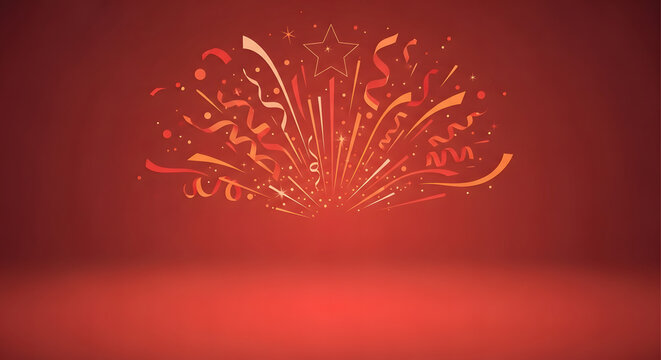 Dynamic explosion of golden confetti and stars on a rich red stage background for a holiday party or event announcement