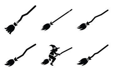 witch broom icon set silhouette on white background