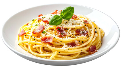 A close-up of spaghetti carbonara with bacon, cheese, and basil in a white bowl