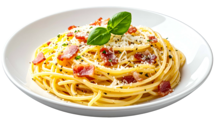 A close-up of spaghetti carbonara with bacon, cheese, and basil in a white bowl