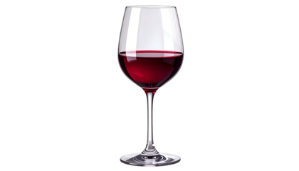 A full glass of red wine against a stark black background, showcasing the stem