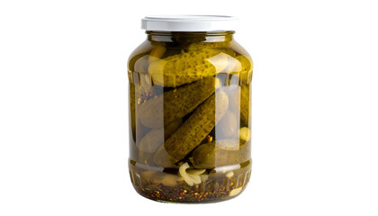 A transparent glass jar filled with pickles submerged in brine, lit against a black backdrop