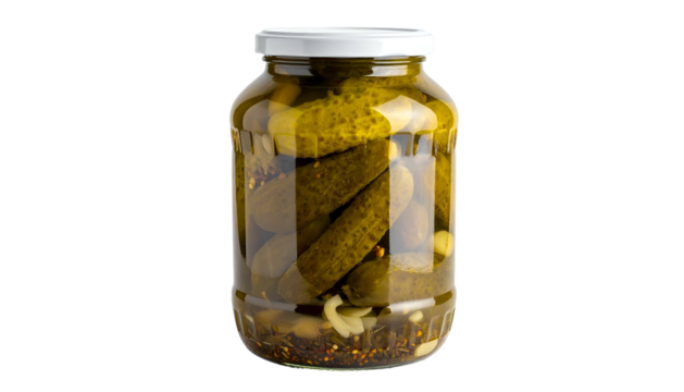 A transparent glass jar filled with pickles submerged in brine, lit against a black backdrop