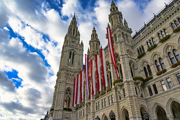 Fototapeta premium Vienna's Town Hall with Austrian flags,Rathaus, Vienna. Austria.
