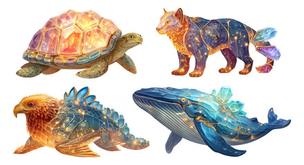 Fototapeta premium Colorful Illustrations of Detailed Animals with Crystals on Isolated Background