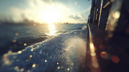A boat moves through water as sunlight glimmers on waves, creating an illusion of movement. It leaves a foam trail, emphasizing speed and direction. Highlights: boat, water, sunlight.