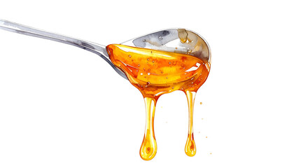 Watercolor image of honey dripping from a silver spoon against a black background