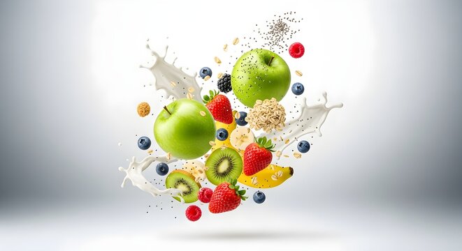 Dynamic mix of fresh fruits, oats, and milk splash for healthy breakfast