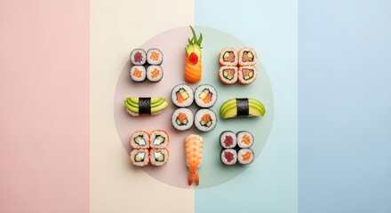 Assortment of Fresh Sushi and Maki Rolls on a Modern Pastel Background