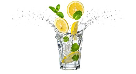Fresh Lemon and Mint Splash in Water Glass on White Background
