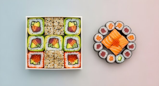 Delicious Sushi Assortment: Vibrant Rolls and Maki Platter for Japanese Cuisine Lovers - Powered by Adobe