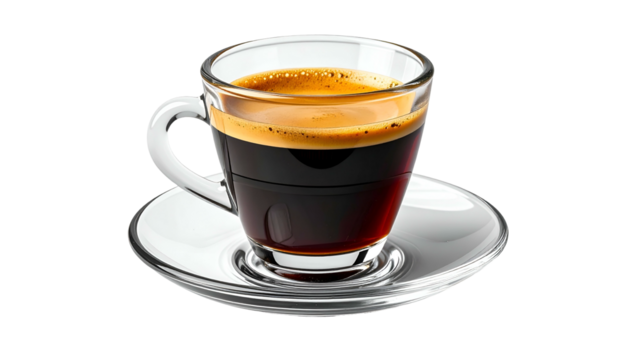 A transparent cup of dark, rich coffee with a crema layer on a white saucer