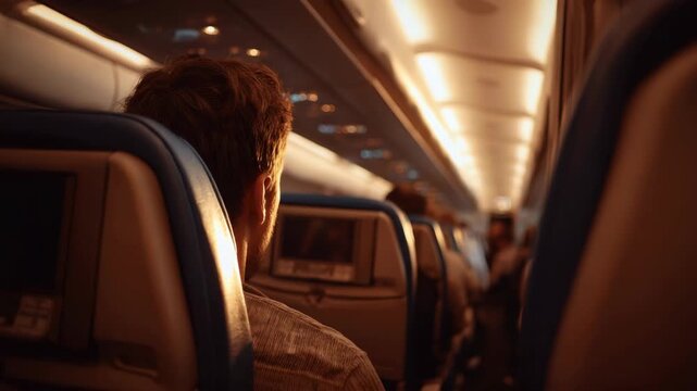 Caucasian male passenger on airplane at sunset with inflight entertainment