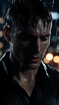Wet man in rain at night with dark city lights, water dripping down face, expressing deep emotion and contemplation in cinematic scene