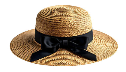 A stylish, wide-brimmed straw hat with a black ribbon bow against a black background