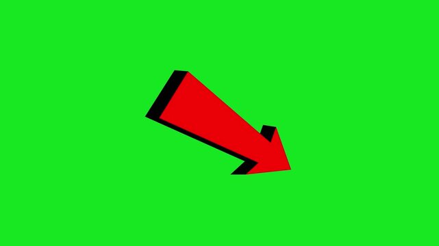 Red 3D arrow animation on green screen background, isolated red down arrow animation for video overlay 4k.