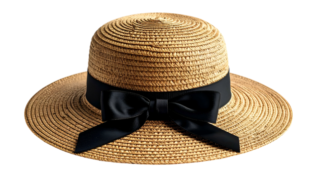 A stylish, wide-brimmed straw hat with a black ribbon bow against a black background