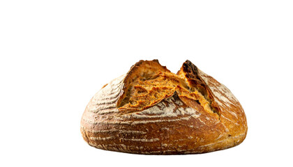 Close-up of a rustic, freshly baked loaf of bread against a stark black background