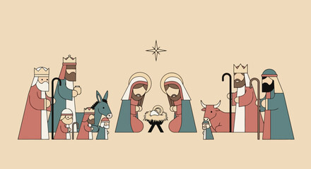 Nativity Scene Illustration The Birth of Jesus with Three Wise Men Shepherds Animals and the Star of Bethlehem