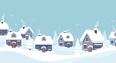 Cozy Winter Village Scene with Snow Covered Houses and Falling Snow