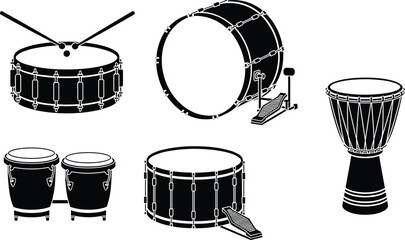 Drum set illustration, percussion instrument vector, snare drum artwork, bass drum design, djembe clipart, conga drum silhouette, music rhythm graphic, concert band element