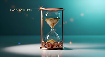 Happy New Year 2026 golden hourglass with sand flowing inside glass timer symbol of time change hope and beginning for holiday celebration Christmas eve countdown concept festive background
