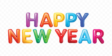 realistic 3d colorful Happy New Year typography Isolated on a transparent background