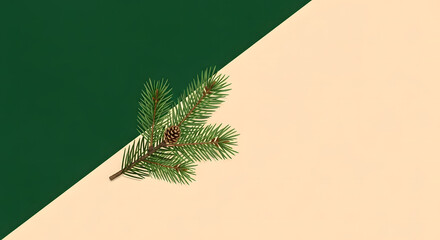 Minimalist composition with a fresh pine branch and cone on a split green and beige background for a modern winter holiday theme