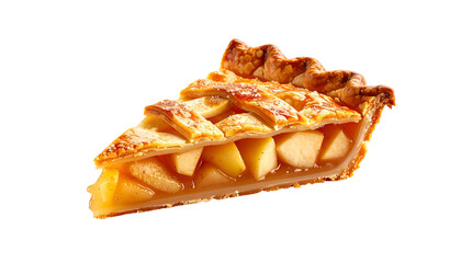 Slice of apple pie with lattice crust, showing cooked fruit and golden-brown pastry