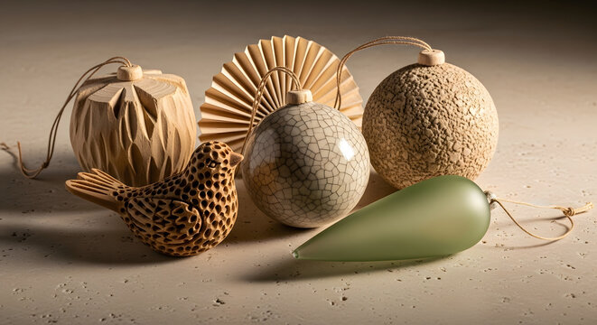 A curated collection of modern Christmas ornaments in natural, earthy tones, featuring handcrafted designs like a wooden bird and paper fan