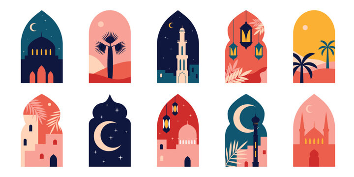 Islamic windows and arches in oriental style. Elements of Arabic culture. Window views of Muslim shrines and Asian nature. Vector illustrations using Islamic symbols for Ramadan Kareem, Eid al-Adha