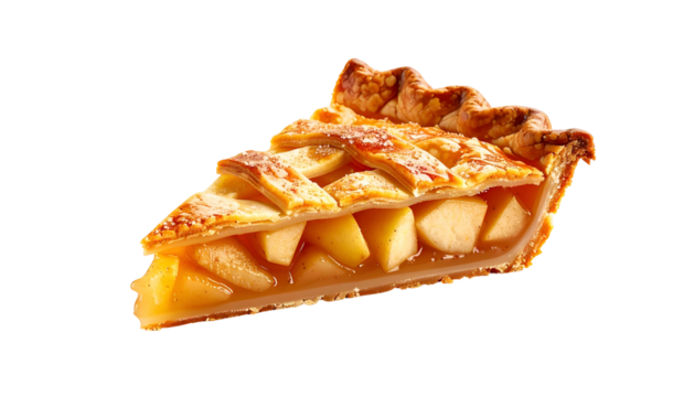 Slice of apple pie with lattice crust, showing cooked fruit and golden-brown pastry