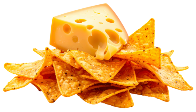 A pile of seasoned, golden tortilla chips topped with a wedge of Swiss cheese