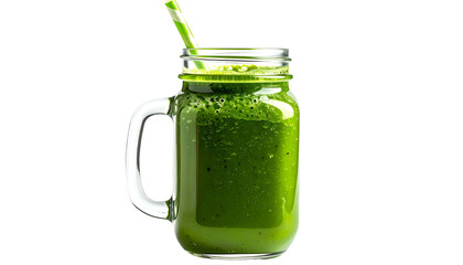 A mason jar filled with a green, leafy smoothie; a striped straw sits inside