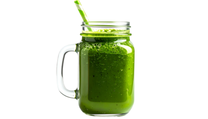 A mason jar filled with a green, leafy smoothie; a striped straw sits inside