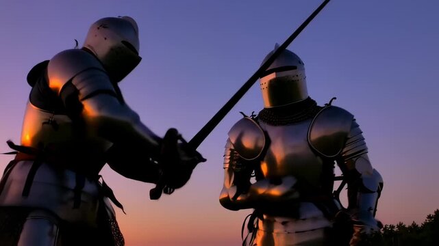 Medieval Knights Clash in Epic Sword Fight at Sunset.