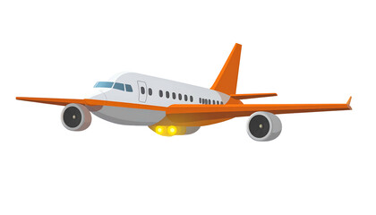 Cartoon airplane, white fuselage, orange wings & tail, grey engines, dark background