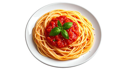 A plate of spaghetti pasta topped with red tomato sauce and a basil leaf