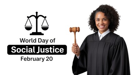 Illustration for world day of social justice with a judge holding a gavel and scales symbol