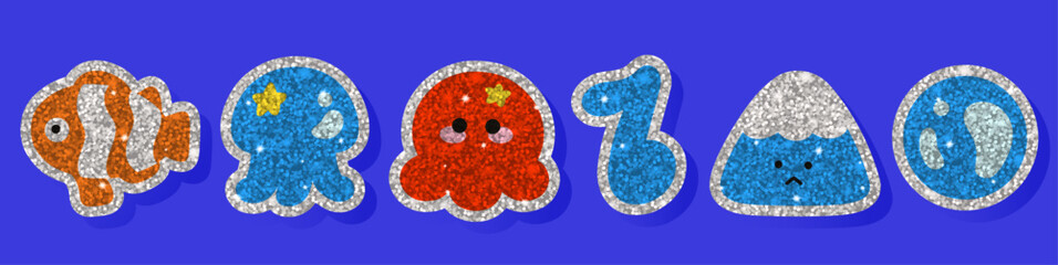 Glitter sticker collection with fish, jellyfish, octopus, water drop, and mountain shapes. Sparkly sequin texture shines with glossy highlights. Kawaii korean aquatic y2k inspired retro elements set.