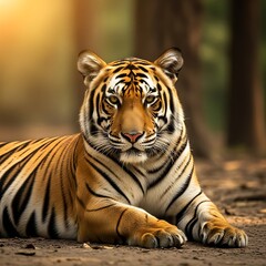 Obraz premium Tiger Resting in Shade Big Cat Lounging Bengal Tiger Portrait Predator Relaxing Wildlife Scene Animal Portrait Jungle Cat in Forest