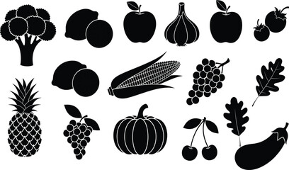 Fruit and vegetable silhouettes collection, healthy food vector illustration, black botanical shapes for diet, nutrition, organic design, kitchen, culinary themes