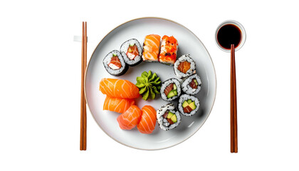 Overhead shot of a sushi platter, chopsticks, and soy sauce, ready to eat
