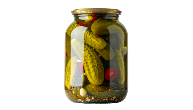 A clear jar filled with preserved, bright green cucumbers and spices, against black
