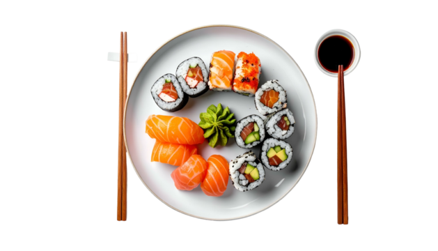 Overhead shot of a sushi platter, chopsticks, and soy sauce, ready to eat - Powered by Adobe