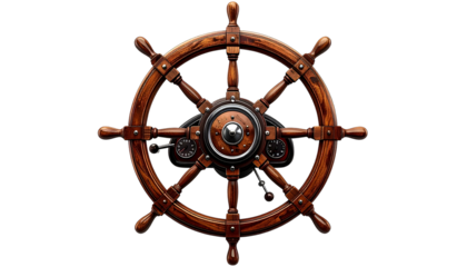 A highly detailed, realistic, wooden ship's wheel with metal accents on a black background