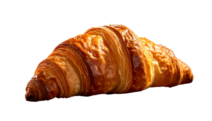 Flaky, golden-brown crescent pastry, isolated against a stark black background