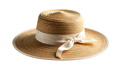 A sun hat made of straw, wide-brimmed with a white ribbon, isolated on black