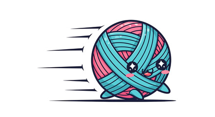 A cute kawaii ball of yarn rolling at high speed cartoon illustration.