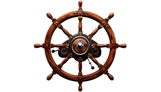 A highly detailed, realistic, wooden ship's wheel with metal accents on a black background